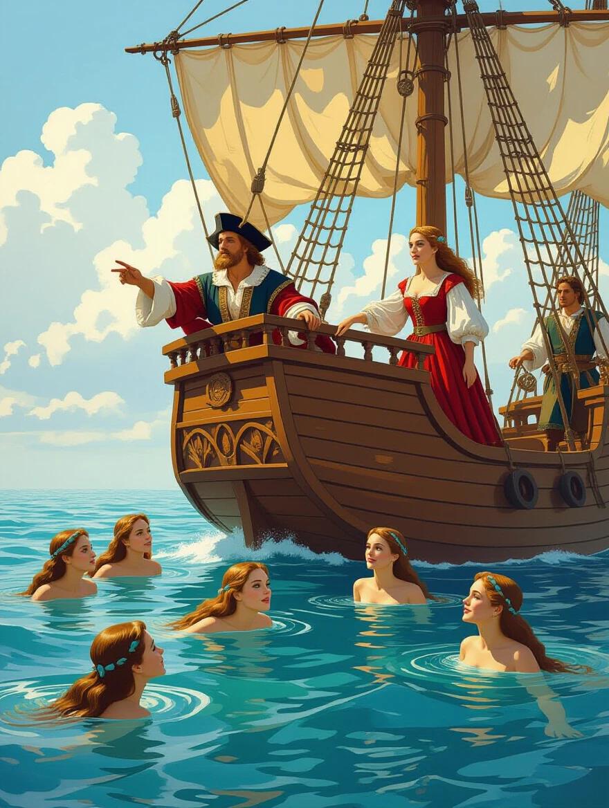 Christopher Columbus stands on a sailing ship. The ship features a large sail and wooden texture. Mermaids swim near the surface of the ocean. The scene is bright and colorful with clouds in the sky.