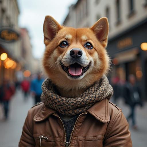 A Corgi dog smiling with a scarf around its neck. The dog is in an urban street setting with people in the background.