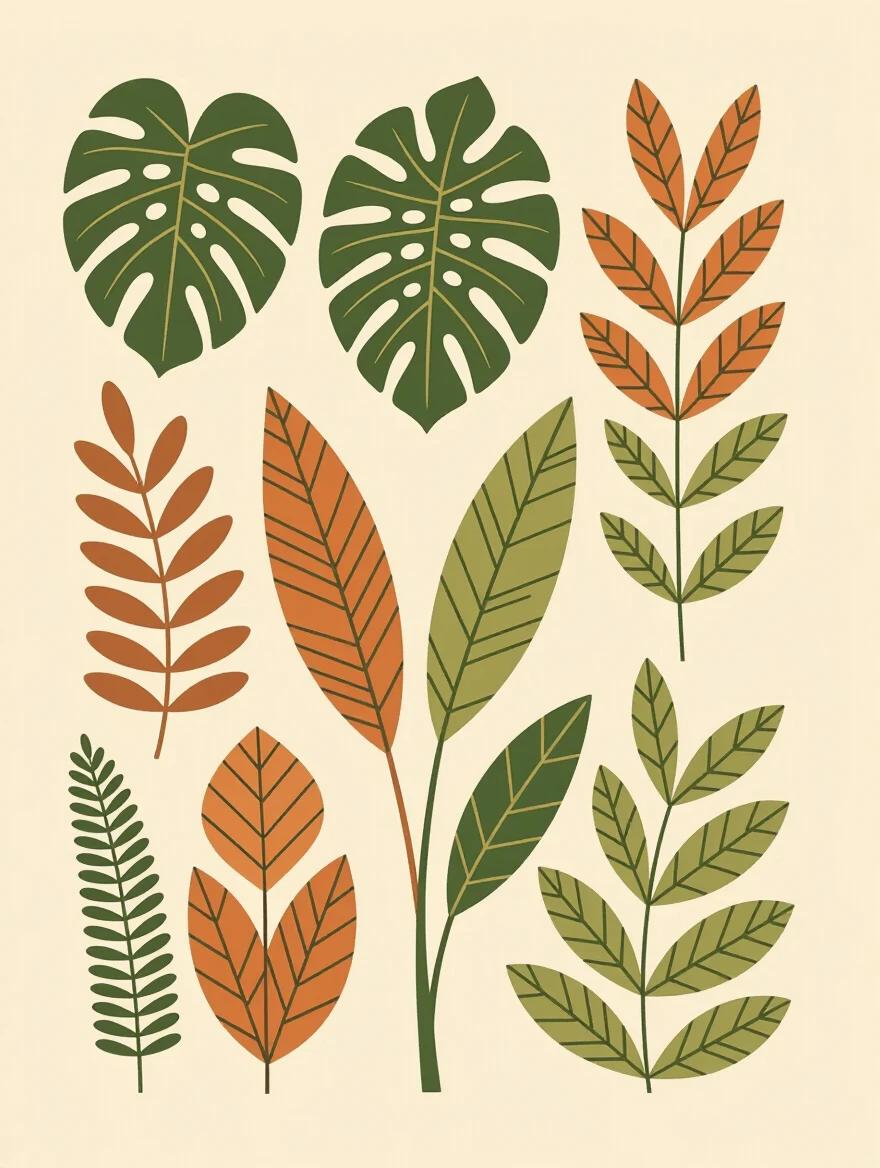 A Boho-style wall art illustration in portrait orientation. Features several abstract leaf shapes from different plants like monstera rubber tree and ferns. Each leaf is a simplified solid-colored shape. Airy artistic layout covering about 90% of the canvas. Uses muted Boho colors olive green burnt mustard terracotta brown and faded apricot on a pale warm grey background with a sandy undertone. The final artwork feels calm earthy and perfect for modern interiors.