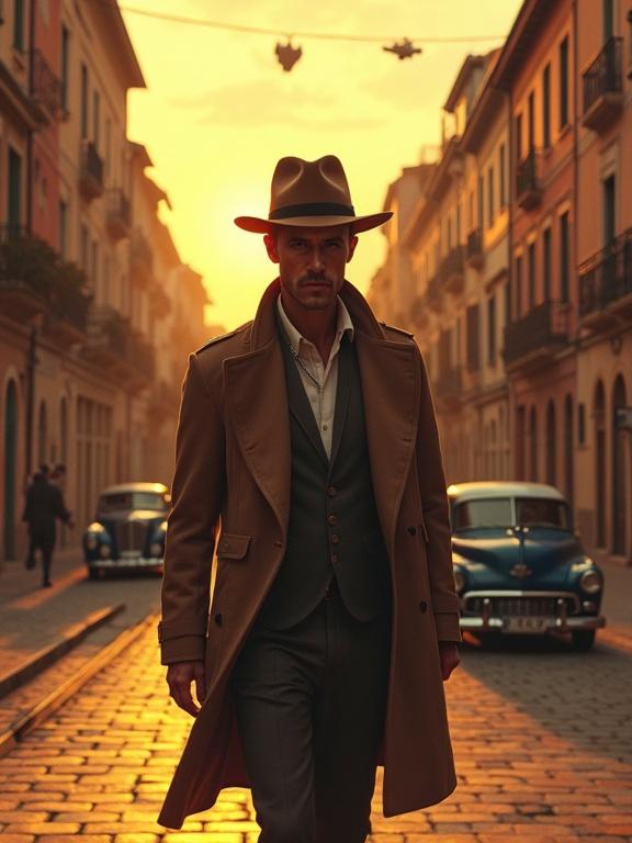 Young man dressed as a detective in a neo-noir style. Wearing a trench coat and fedora. Walking through a retrofuturistic Italian neighborhood. Earth-toned buildings with terracotta tiles in the background. Small starships in a yellow sky. Warm golden light creates a nostalgic atmosphere. People and retro cars on the street with grav drives.