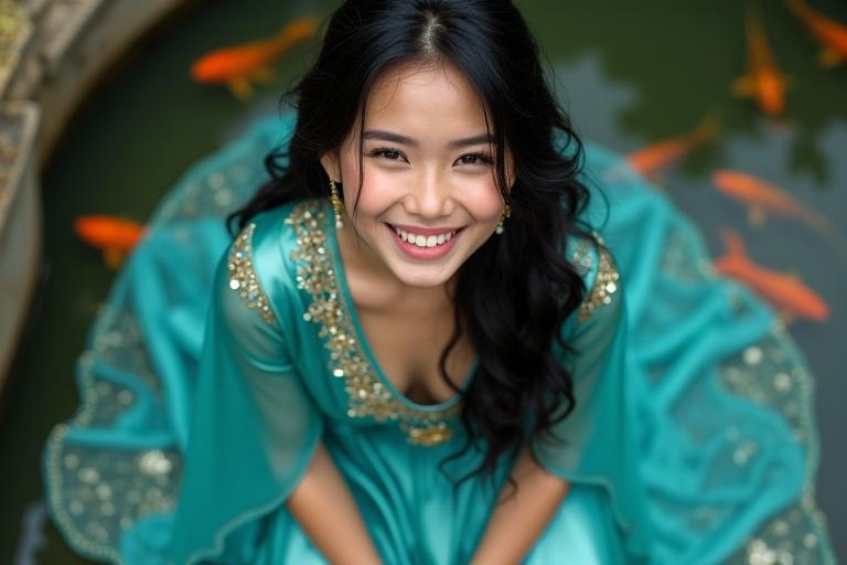 Top shot of female model wearing turquoise Arabian princess outfit. Outfit features gold embroidery and sequins. Black hair shiny. Model kneels near pond with fish. Expression shows joyful wonder.