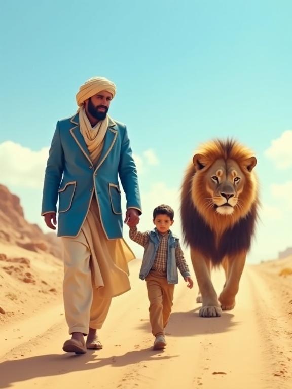 A man in cream attire and a child walk through a desert. A large lion strides calmly behind them. The landscape is sandy under a blue sky. The scene creates an awe-inspiring atmosphere.