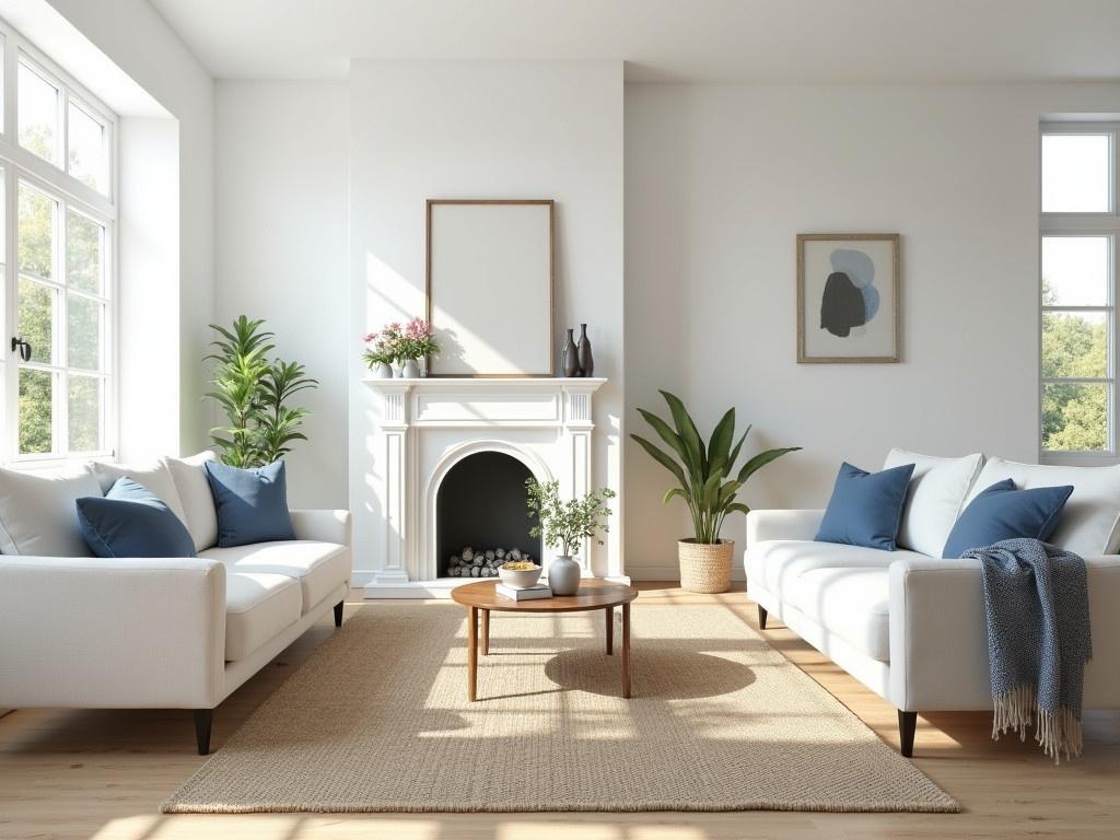 The scene depicts a bright and airy living room. It features two comfortable sofas arranged around a central coffee table. Large windows allow natural light to flood the room, highlighting the soft color palette. A fireplace with an elegant mantle sits opposite the seating area. Decorative pillows in shades of blue adorn the sofas, adding a pop of color. The floor is covered with a neutral woven rug, creating a warm and inviting atmosphere. Simple decor elements like a plant and a vase with flowers enhance the room's charm.