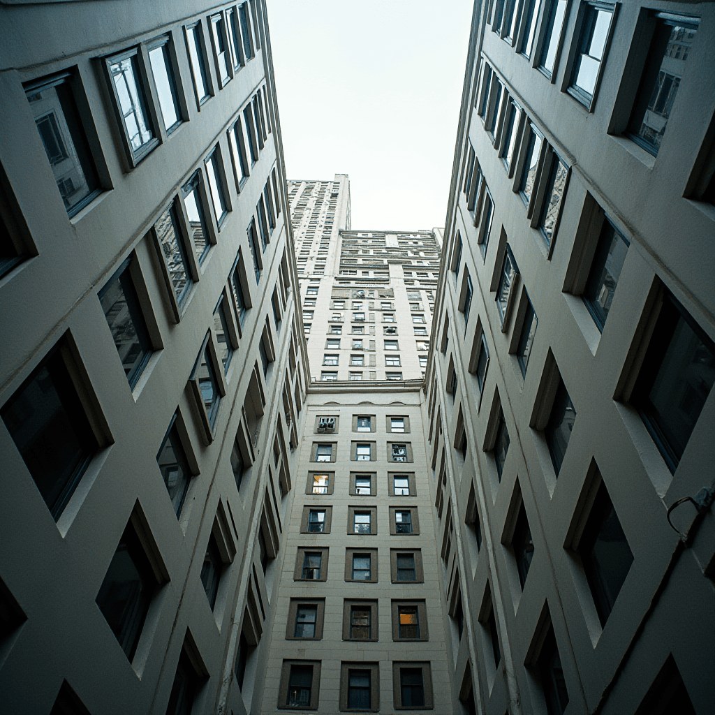 A dramatic upward view of tall, symmetrical residential buildings creating a cavernous effect.