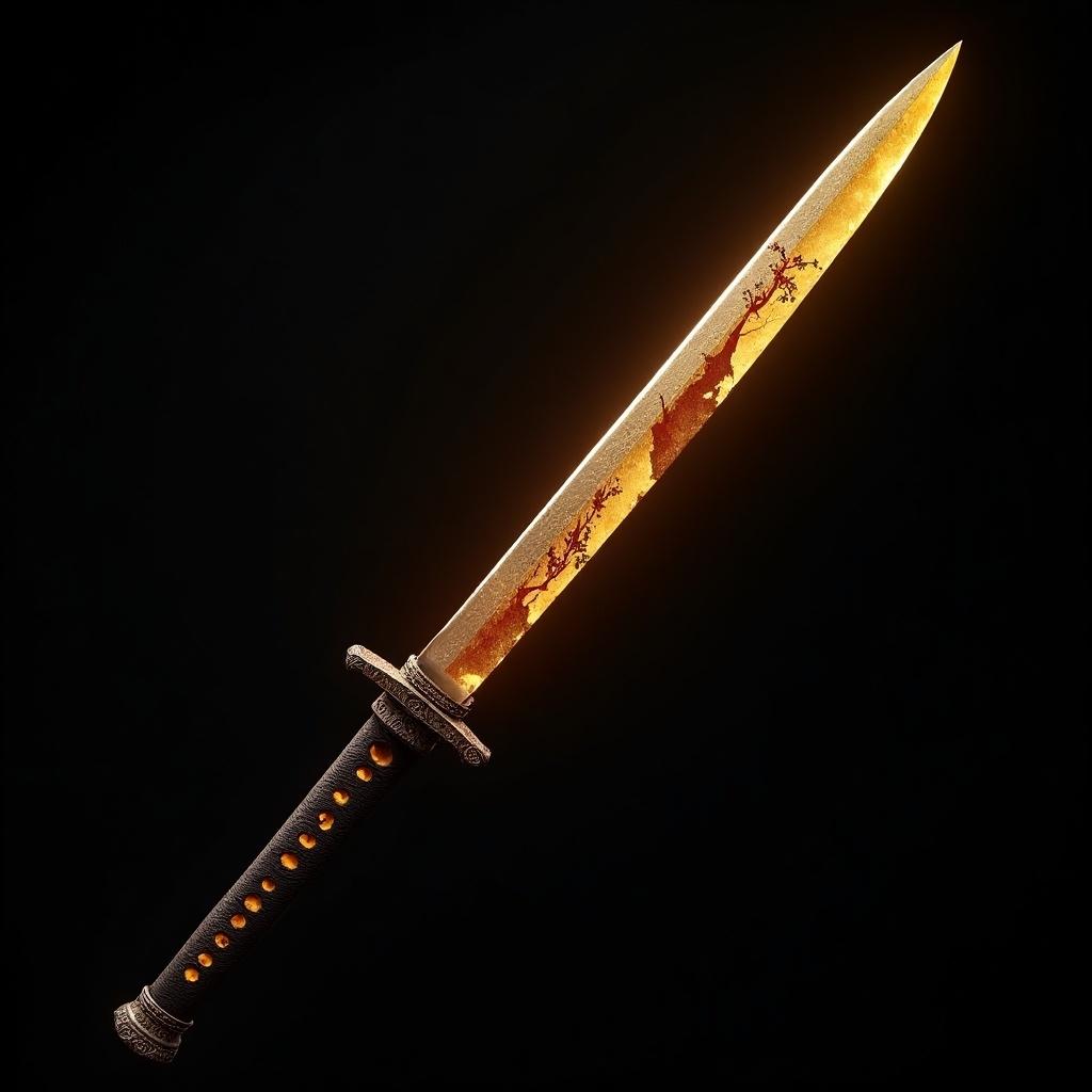 A magical katana with a golden blade and mysterious grip. The sword appears sharp with a bloodied design. Displayed against a black background, emphasizing excellent quality and magical attributes.