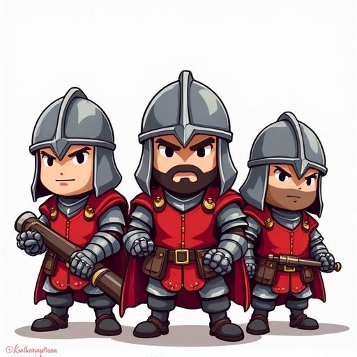 Group of three human henchman soldiers in chibi medieval fantasy style. Slightly intimidating appearance with armor and red accents. Variations in design with weapons and facial features. Expressive and cartoonish proportions.