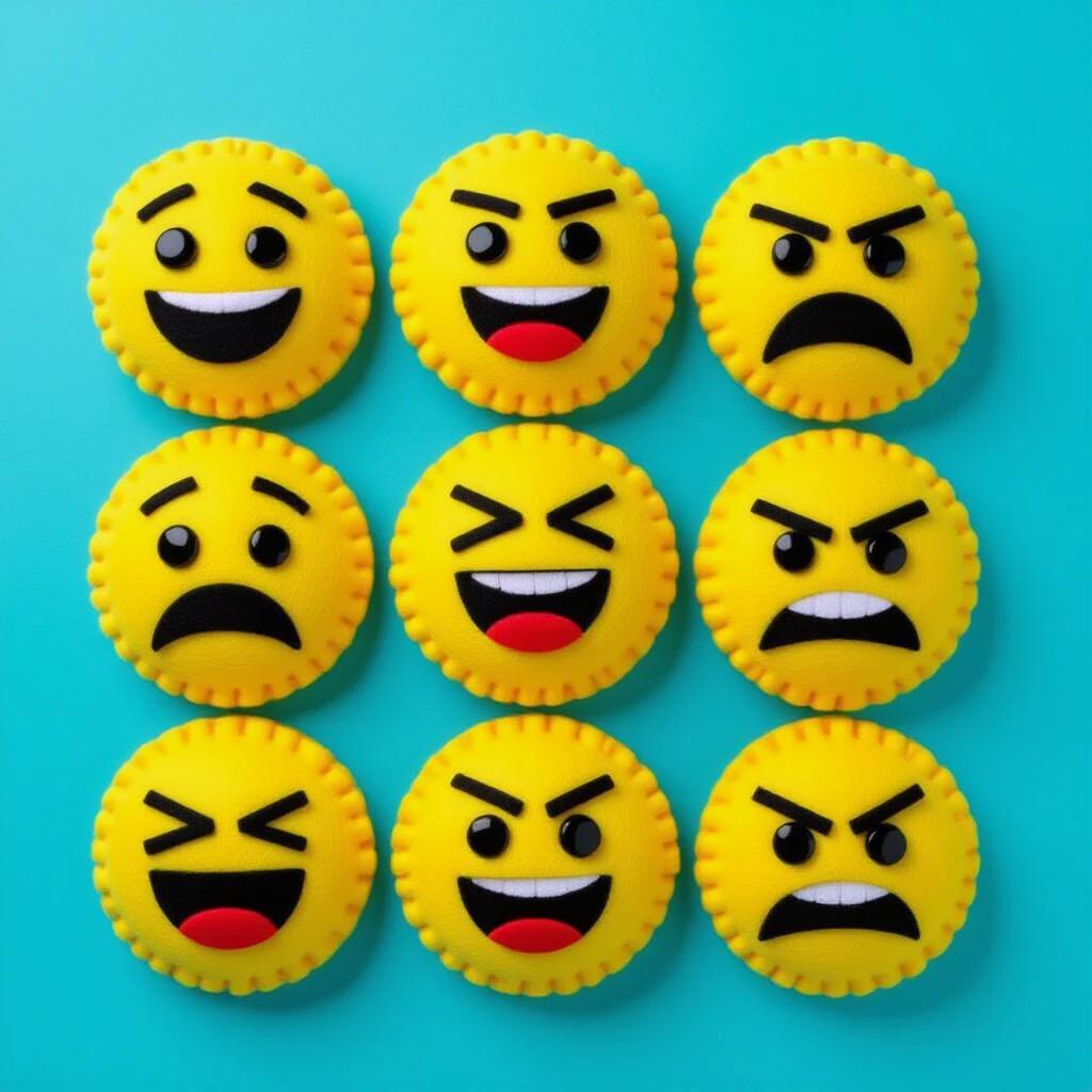 A collection of emoji expressions recreated in felt craft style. Yellow felt circles form base faces. Black felt pieces represent eyes and mouths. Different emotions like happy sad surprised angry displayed. Soft fuzzy felt texture shown with clean cut edges. Pieces layered and glued together. Bright craft lighting used in flat lay photography. Modern textile craft aesthetic observed.
