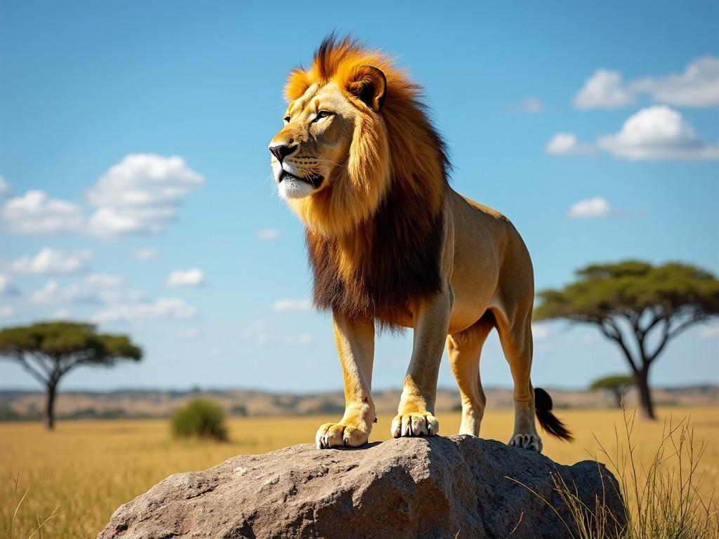 The image depicts a majestic lion standing on a large rock in a vast savanna landscape. The lion has a luxurious mane that is highlighted by the sunlight. In the background, there are sparse trees and a blue sky scattered with soft clouds. The scene captures the essence of African wildlife in its natural habitat. This portrays the strength and beauty of the king of the jungle, making it an inspiring representation of nature.