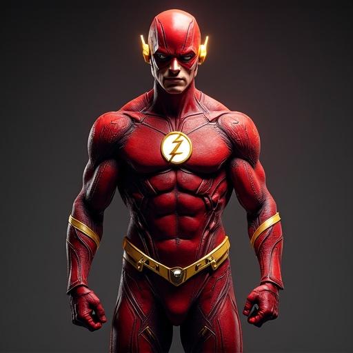 Powerful model of Flash superhero with a muscular build in dynamic stance.