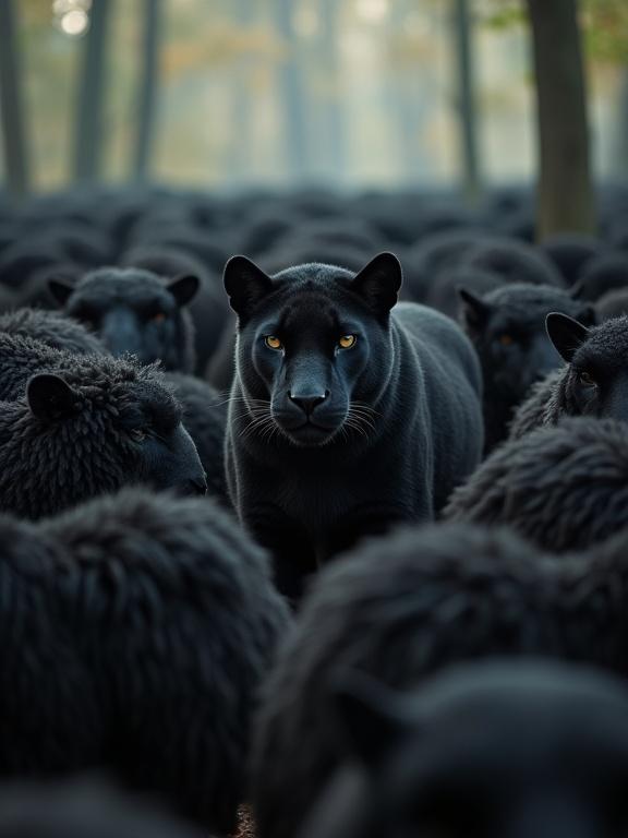 A black panther surrounded by black sheep in a forest. The panther camouflaged within the flock. A high angle captures the scene. Ethereal light filters through the trees making the image mystical.