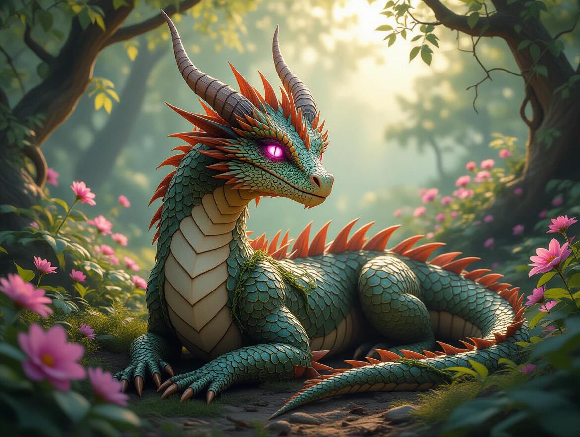 A dragon with thorn-covered scales lies in a magical garden. Its bark-textured scales and soft pink glowing eyes create a serene atmosphere. Sharp spines are complemented by delicate vines wrapping around its body. A lush garden blooms with impossible flowers. The scene is set in a magical forest clearing during golden hour, with cinematic fantasy realism and ultra-detailed artwork.