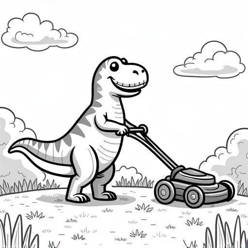 Cute cartoon dinosaur in an English garden mowing the lawn. Simple design for kids to color. Black and white only, no grey or shades of grey.