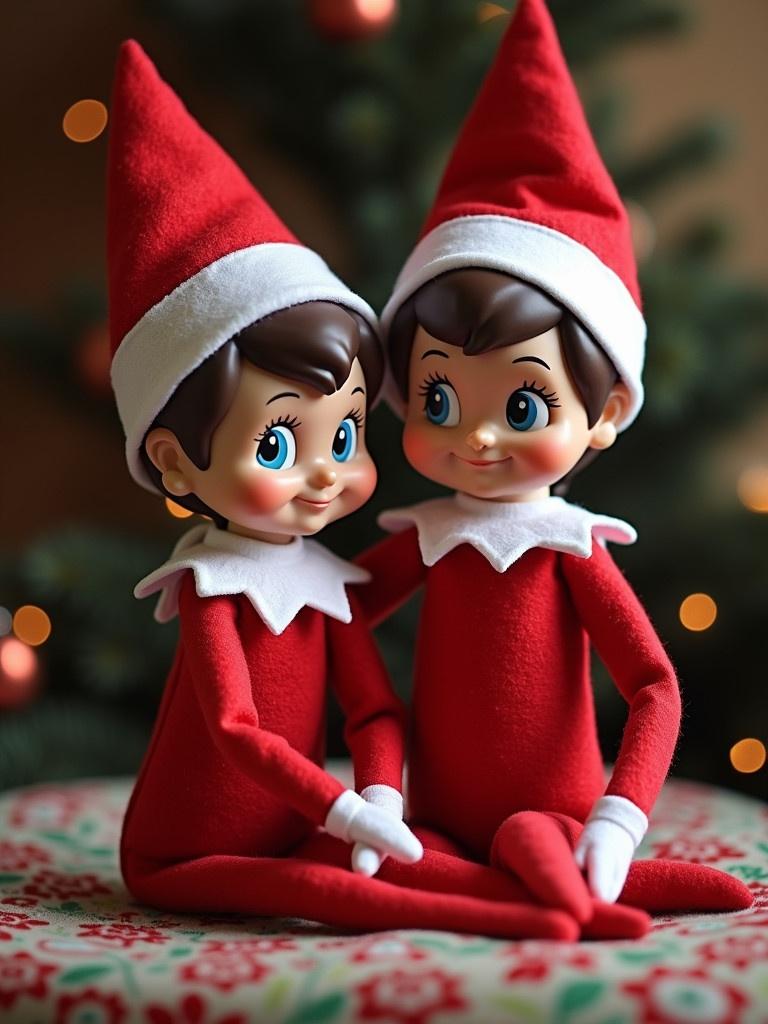 Image of two elf dolls with red outfits and white collars. The dolls are sitting close together in a festive setting. Background has green decorations and soft lights.