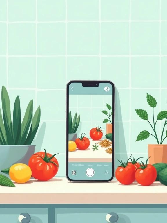 An illustration of a smartphone camera capturing colorful food ingredients on a kitchen counter. Soft pastel colors with a teal and white background. Minimalist design with geometric shapes. Phone screen displays a camera viewfinder focusing on tomatoes, herbs, and other vegetables. Clean and modern kitchen setting with subtle shadows.