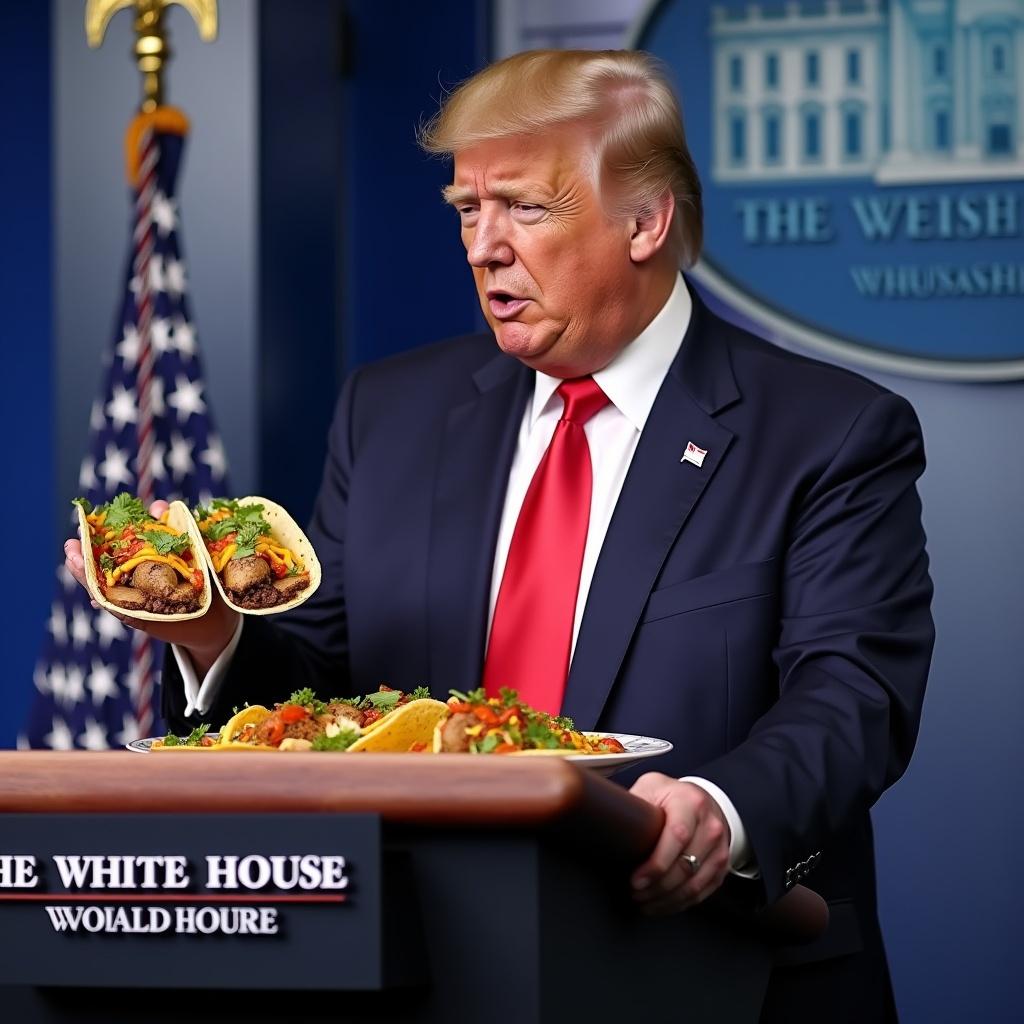 Funny meme shows tacos at a press conference. Donald Trump holds tacos in both hands while speaking. White House backdrop visible. Scene filled with humor and satire. Tacos are clearly the main focus of the image.