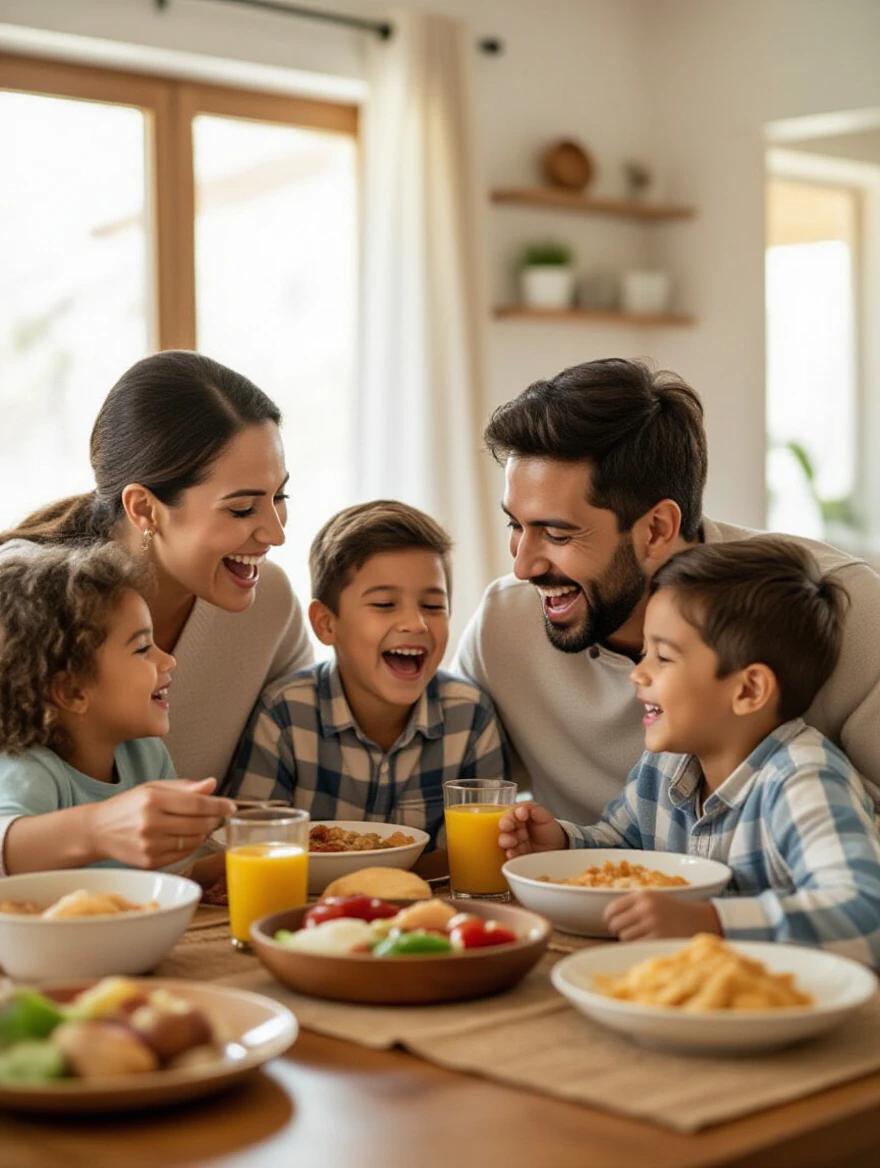 Mexican family celebrating around a simple meal. Mother and father are laughing with children. Everyone looks happy and relaxed. The atmosphere is hopeful and fulfilled. Naturalistic close-up emotional tone.