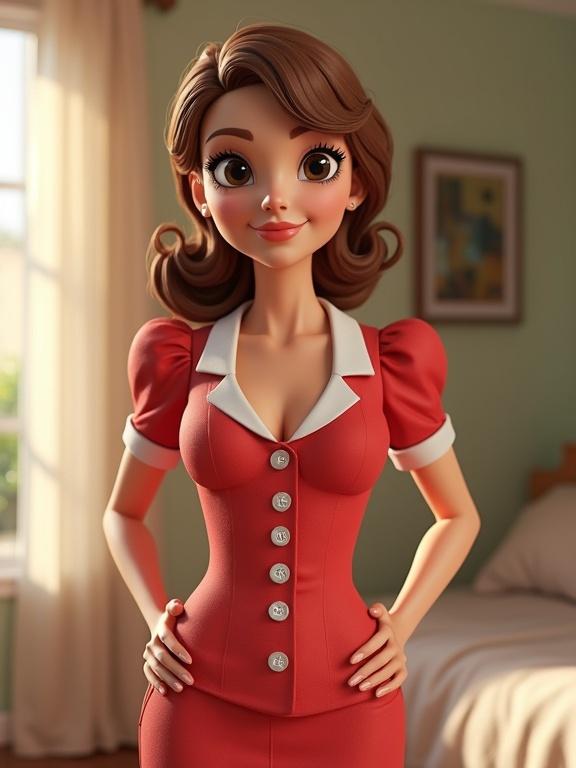 3D character design of a beautiful housewife in a stylish red outfit with a fitted silhouette.