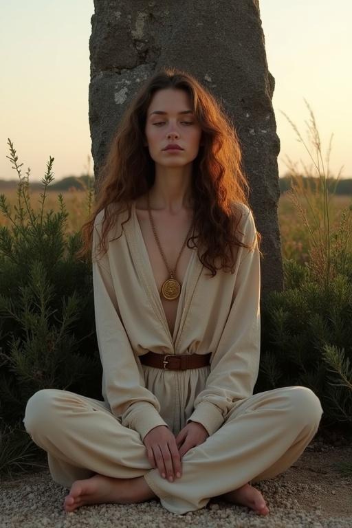 A gaunt young woman meditates cross-legged by a menhir. She has long brown curly hair. Wearing a high-necked robe and a leather belt. A golden medallion hangs around her neck. The menhir is made of dark granite and towers above her. The scene is calm and warm. Shrubs and stony ground surround her. Evening light illuminates her face.