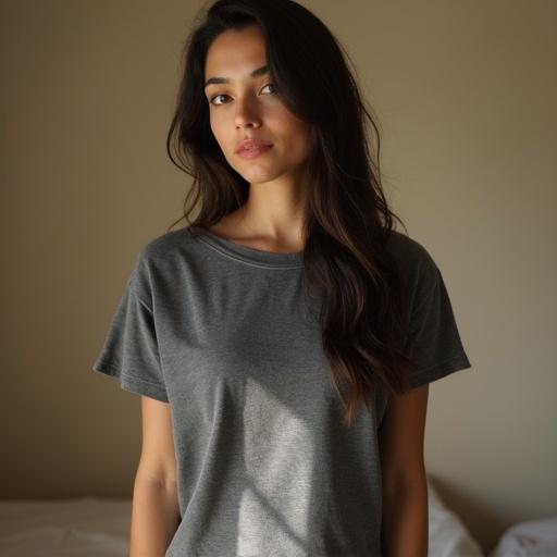 A young Asian woman stands in a softly lit room. She wears a loose dark gray t-shirt that falls to the mid-thigh. Her long black hair is partly tied up while she gathers it into a ponytail. The setting has a warm beige wall and light curtains. She has a gentle expression with slightly squinted eyes due to the light. The overall vibe is intimate and serene.