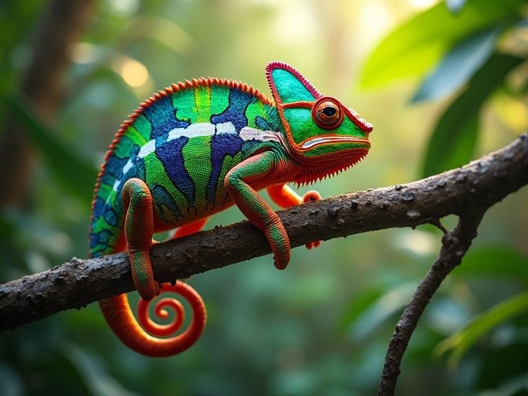 Iridescent chameleon rests on a rainforest branch. Skin displays electric greens and vibrant blues. Sunlight filters through leaves, illuminating patterns. Scene rich in color and detail.