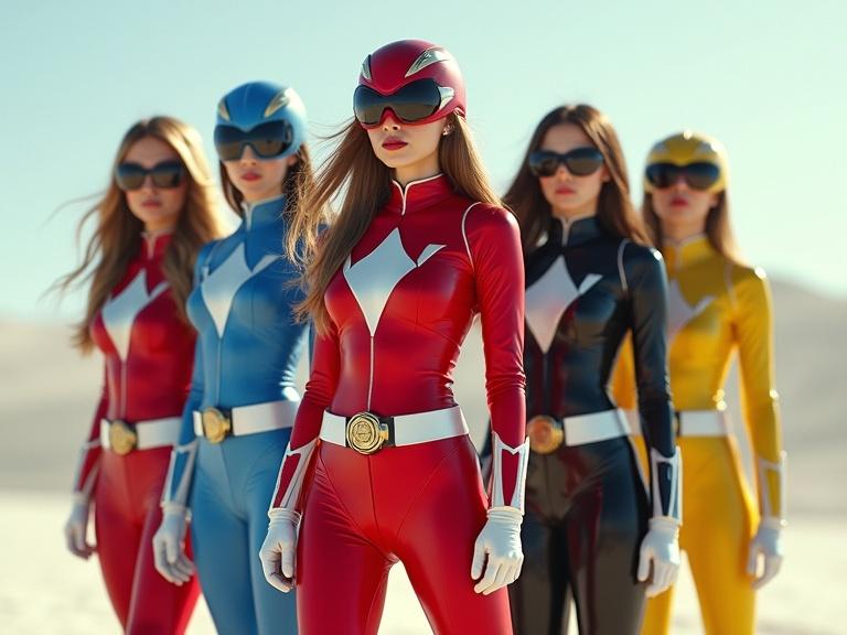 Five female characters standing in a white desert. They wear colorful sci-fi armor suits in red blue black yellow and white. The scene is detailed with reflections and shadows. Bright sunlight illuminates the characters. Long hair flows with the wind. High resolution and realism are prominent.