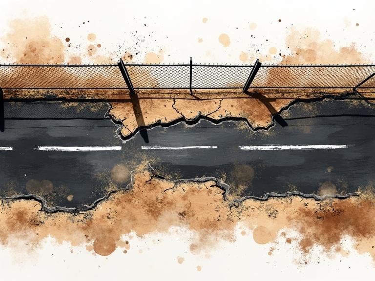 Top-down view of dry cracked desert terrain. Damaged dark asphalt road cuts horizontally through middle. Road has fading white painted lines. Thick ink-like outlines define road and terrain. Distorted chain-link fence stretches above road. Rendered using dynamic black brushwork and ink splashes. Minimal background with white space for contrast.
