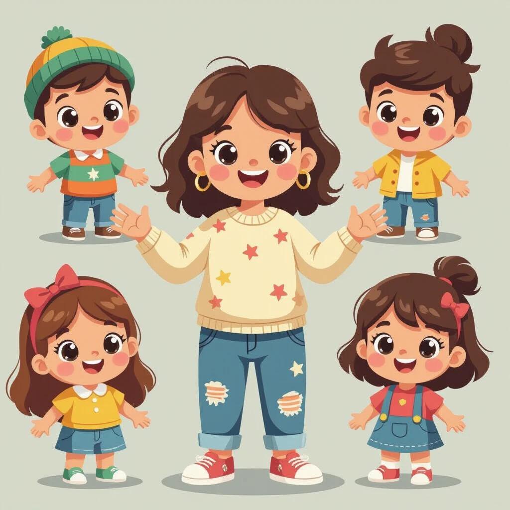 Create a playful character design featuring four kids in cheerful outfits. Include a central character engaging with the other kids. Use bold colors and a friendly cartoon style.