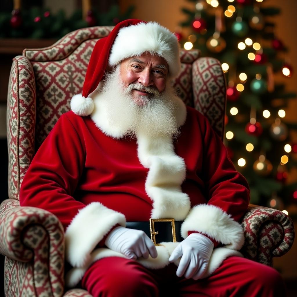 Photo realistic Santa Claus in red suit with white trim seated on a throne. Christmas ornaments scattered around him. Background features a Christmas tree with colorful baubles. Scene conveys warm cheerful holiday atmosphere. Captures magic of Santa preparing for gifting season with space for a child to sit on his knee.