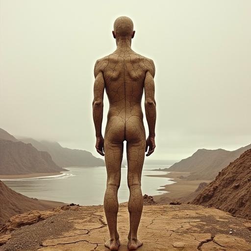 A full-body human figure made of cracked earth textures. Seen from behind. Head is turned slightly. Lacks facial features. Surrounded by a high plateau and a mountain range. Landscape shows a coastline. Each region has distinct textures. Humid jungle shapes dry desert areas and mountain relief.