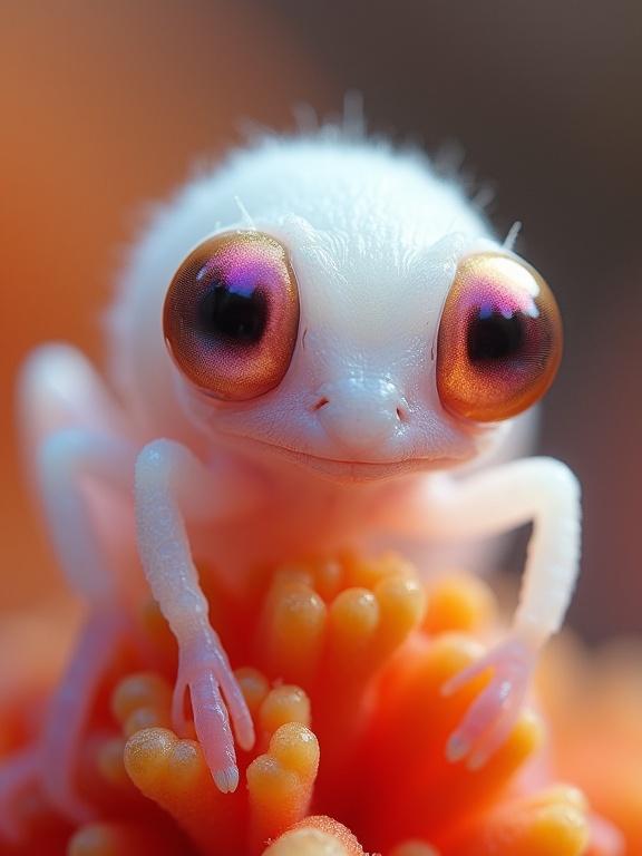 Close-up of a small creature with white, translucent skin and large, glossy eyes. The creature is perched on a vibrant coral-like structure. The background is a smooth gradient of blue. The creature has an adorable yet unsettling appearance.