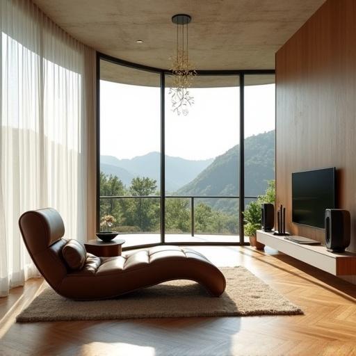 Modern living room with high ceiling and concrete texture. Large curved floor-to-ceiling windows with sheer white curtains. Sunlight streaming in providing warm ambiance. View of green hills and trees visible outside. Brown leather chaise lounge with curved lines occupying the center. Small rectangular wooden side table with a black bowl on top located nearby. Herringbone wooden floor enhancing elegance. Flat wall-mounted TV positioned on the right with black speakers flanking it. Minimalist gold chandelier with black accents hanging from above. Soft beige rug underneath the chaise lounge adds comfort. Overall feel is stylish and inviting.