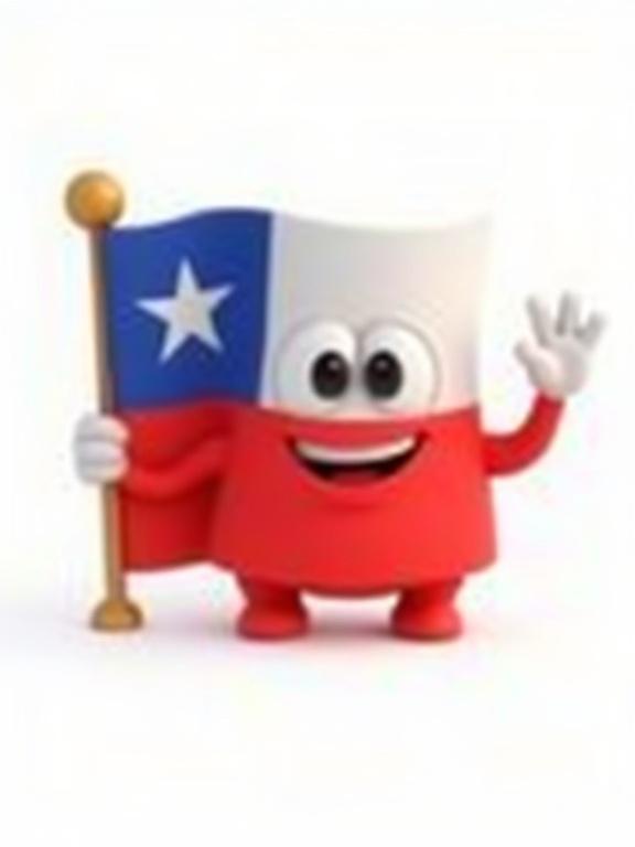 Cute animated character represents Chile with a flag. Character has big cartoon eyes and a smiling mouth. Flag includes red, white, and blue colors. Character poses with small arms waving hello. Bright 3D style with a white background. Suitable for children’s animation.