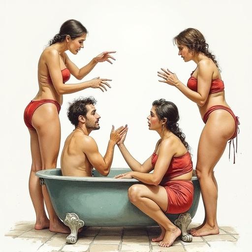 Highly detailed watercolor drawing depicting a vintage Turkish bath setting. Three women are arguing and fooling around while one man sits nearby. The figures are in full view against a white background, reminiscent of Robert McGinnis and Andrew Loomis styles.