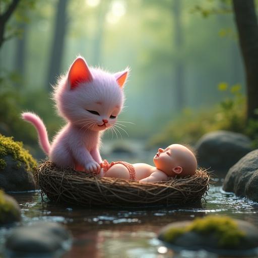 Fluffy anthropomorphic kitten with pastel pink and lavender fur discovering a crying human baby floating in a nest on a forest stream. Warm morning fog, moss-covered rocks, and deep green trees create a peaceful scene.