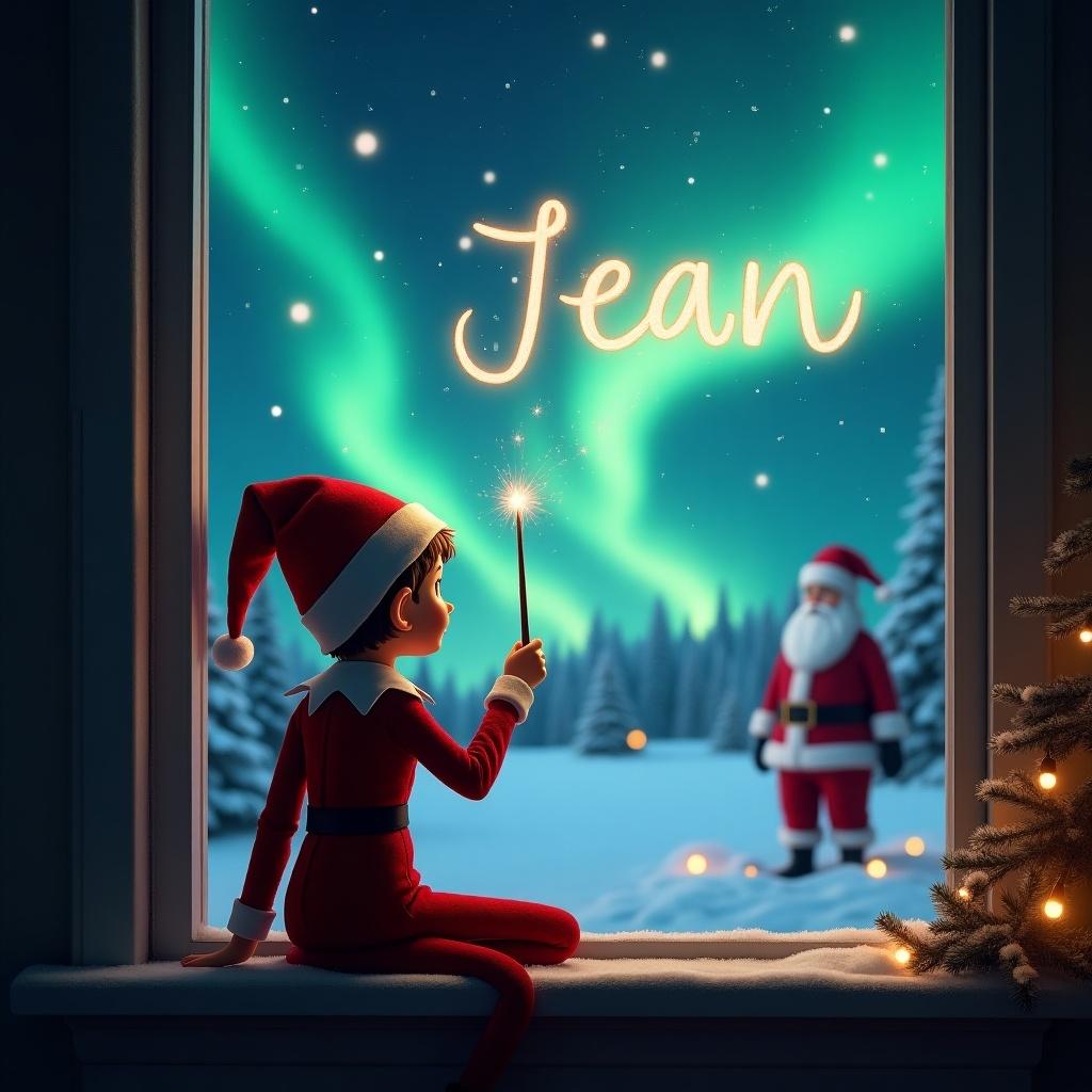 Elf sits on a window ledge facing the night sky. Magical northern lights in the background. Santa in the distance. Elf uses a wand to write the name Jean in the sky. Cozy Christmas atmosphere.