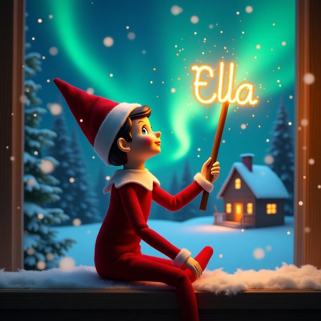 An elf on the shelf sits gazing skyward. Elf holds a glowing wand creating the name Ella in the air. Colorful northern lights illuminate the background. A cozy house stands in the distance with snow covered ground.