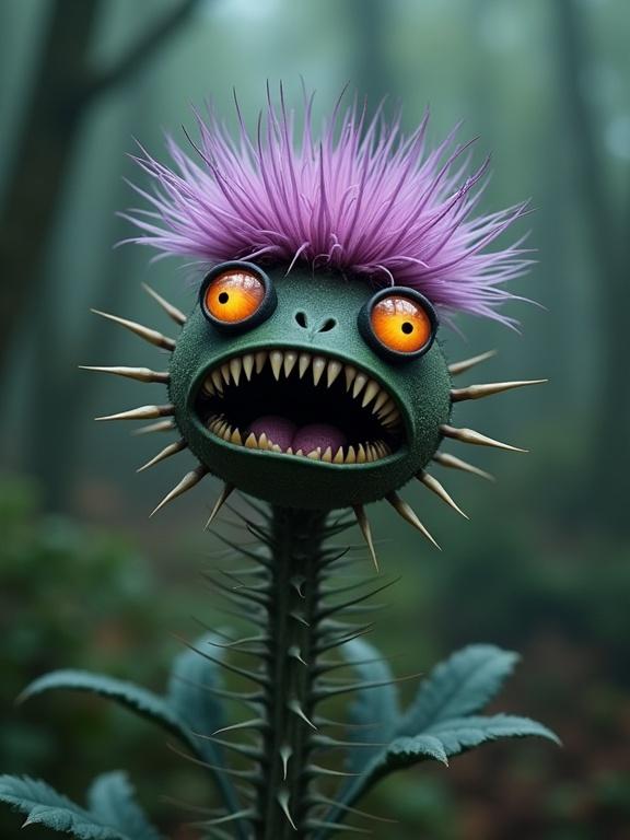 Thistle flower with facial features. Large eyes and sharp teeth visible. Surrounded by a magical fog in a forest. Colorful hair-like petals on top. Designed as a whimsical yet terrifying character.
