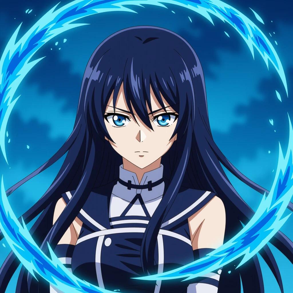 Draw a character inspired by Esdeath from Akame ga Kill. Character has long black hair. Character is surrounded by a blue energy circle. The scene has a mystical atmosphere. Focus on the character's attire.