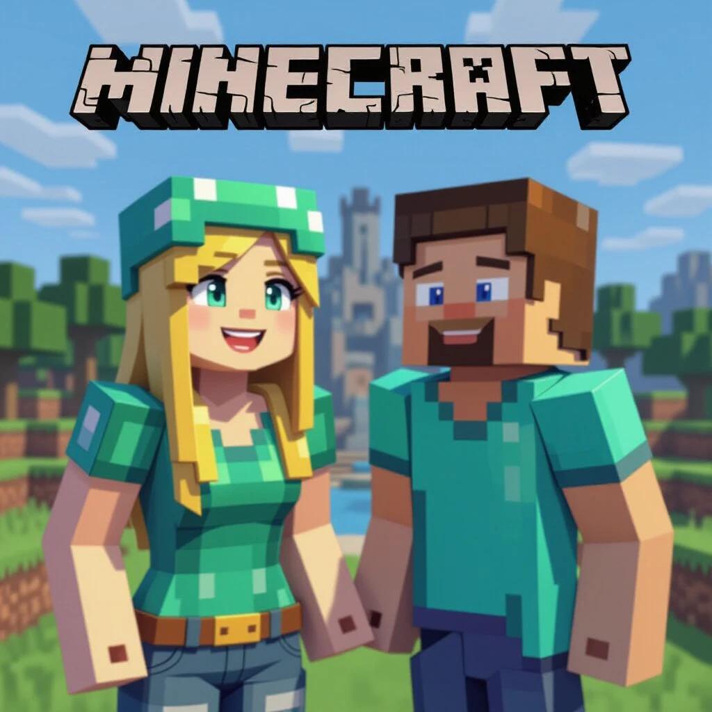 Image features two animated characters in a colorful gaming landscape depicting elements from Minecraft and Roblox. Characters are smiling and holding hands, showcasing a playful interaction in a vibrant setting.