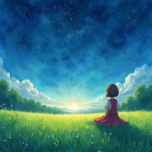 Anime girl sits on a green meadow. She looks at the starry sky. The painting style is watercolor.