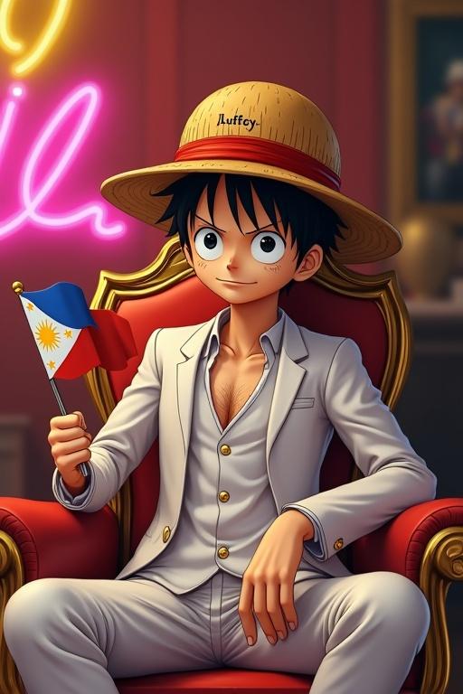 Character of Monkey D. Luffy is seated in a gold and red chair. He wears a white suit with a white shirt. A hat with the name 'Luffy' is worn. Background is blurred with neon lights spelling 'Royvan'. Luffy holds a small Philippine flag.