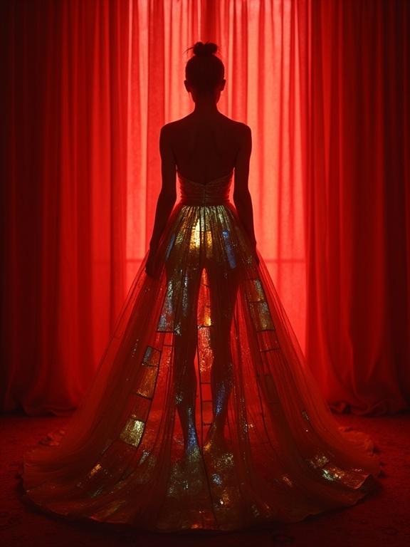 Dress made of stained-glass windows. Crimson curtains create a dramatic background. Model stands in silhouette. Photorealistic and cinematic style. Soft haze adds depth. Vignette effect enhances focus on the model.