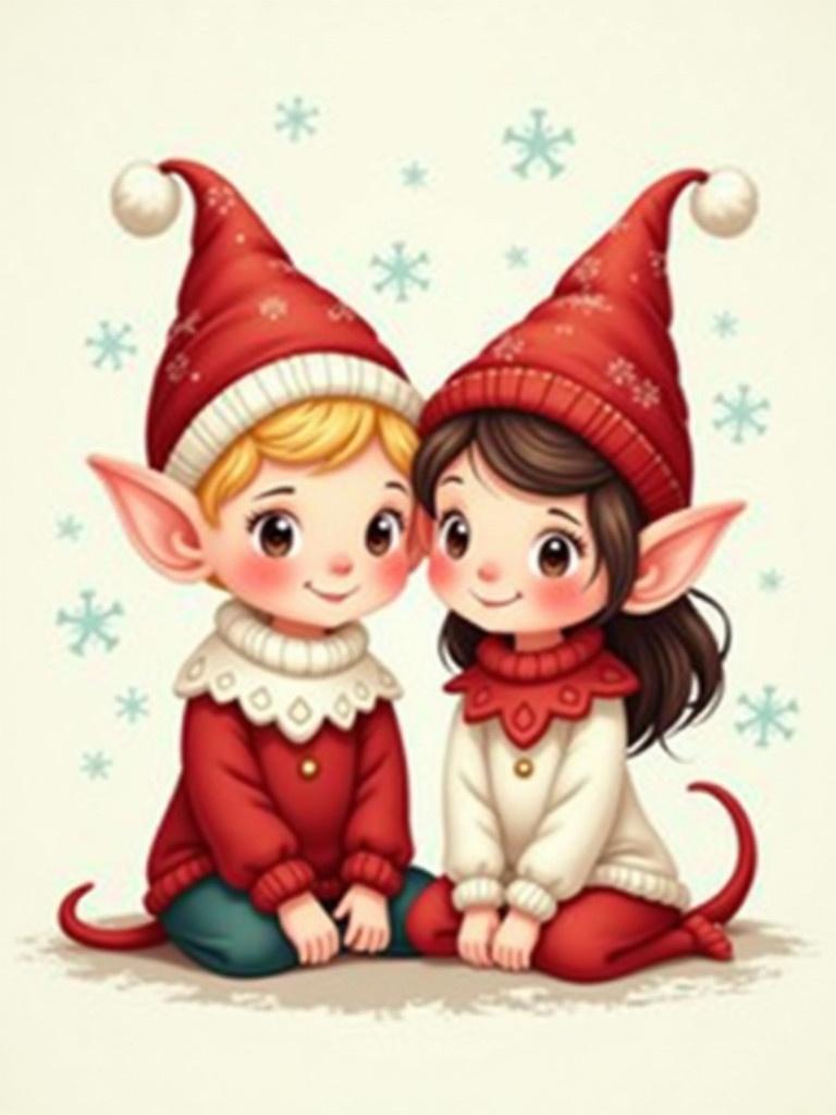 Two cute cartoon elves, one boy and one girl. Both wear red and white outfits with pointed hats. The boy elf has blonde hair; the girl elf has brown hair. They sit on the ground together, smiling. Background features falling snowflakes. Style is playful and cartoonish for children.