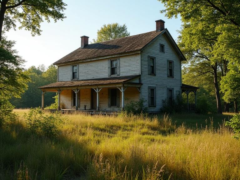 Abandoned plantation house situated in a grassy area surrounded by trees. The scene is captured on a sunny afternoon with clear skies.