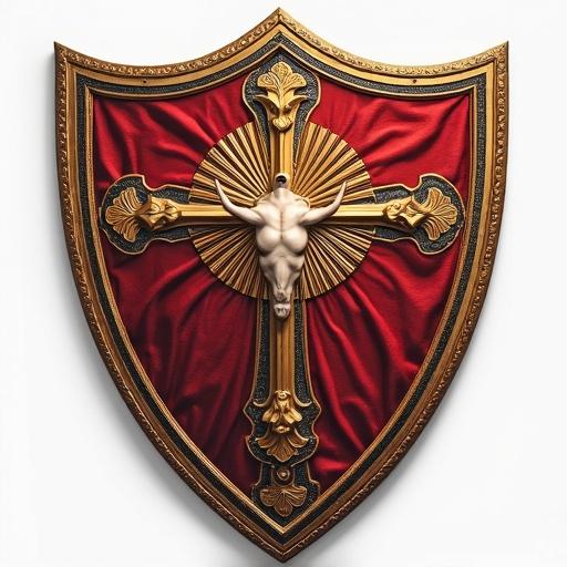 Design for a sacred auction shield. Classic heraldic shield, slightly rounded at the bottom. Monochrome design, clean lines, no gradients or shadows, intended for embroidery. Include a bull in profile. Solemn style. Bull's head tilted down slightly, halo behind head for subtle sanctity. Visible horns, serious expression. Next element is a raised hand in upper right, fingers showing gesture of auction. Hand appears from simple sleeve to enhance sacred-festive character. Small glowing rays or halo behind hand. Next is tilted wine jug, pouring stylized wine forming a cross or circle. Frame the shield with a vine crown. Add text 'LA PUJA SAGRADA' on top curved band, capital letters in Romanesque/Gothic style and 'Donde el toro se subasta y el vino se reparte' on the bottom band.