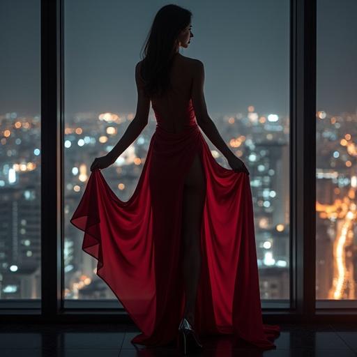 Elegant AI woman in a silky red gown poses confidently in a luxury penthouse. Large windows display shimmering night city lights. Stiletto heels enhance the stylish look. Dark, moody atmosphere accentuates the scene.