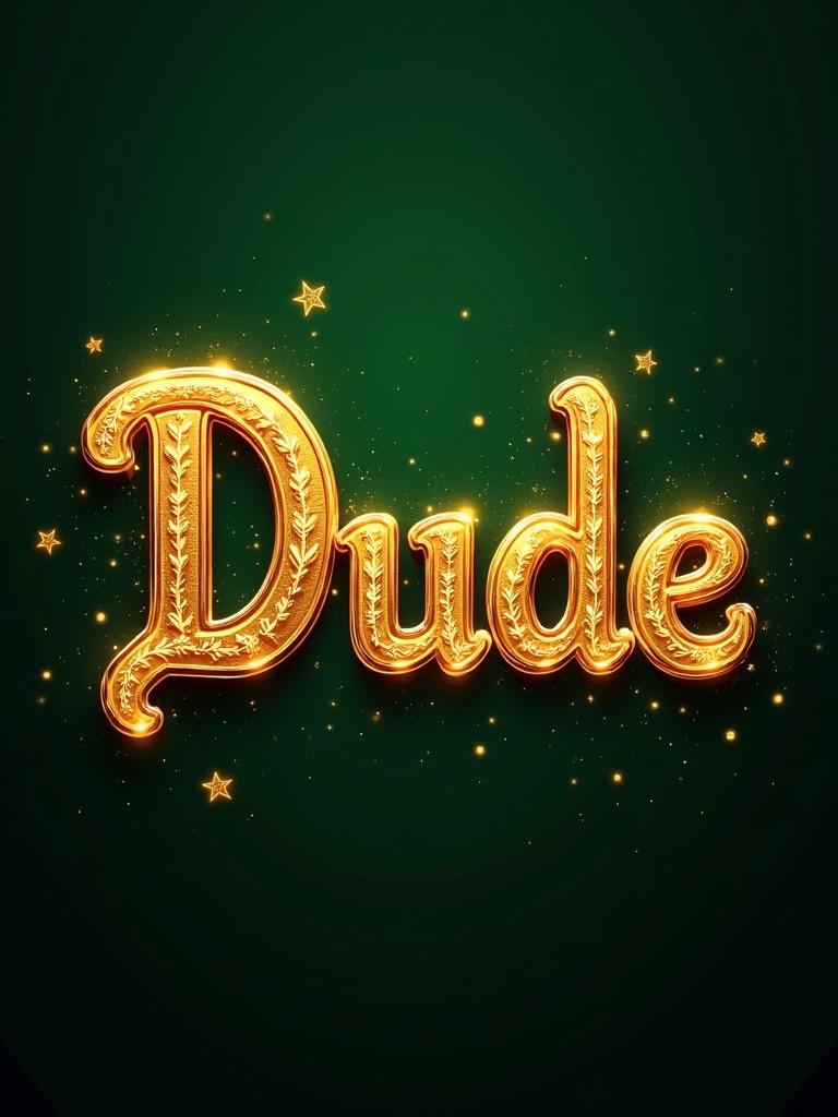 Golden letters spell out the word 'Dude'. Letters are richly decorated with intricate designs. A dark green background adds depth. Glowing particles enhance the visual appeal.