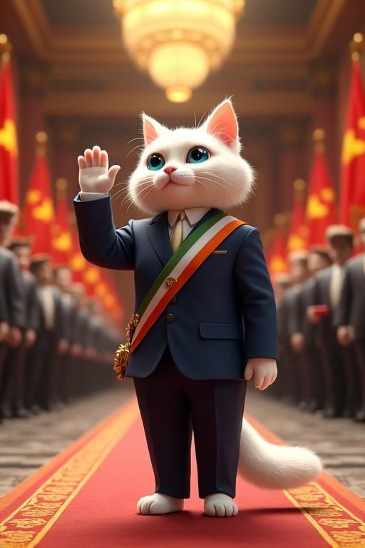 Majestic ultra-HD 4K scene in a grand hall. Marble floors with chandeliers. A white cat in a navy suit raises her paw. Formal attire with tricolor sash. Vibrant flags and flowers in the hall. Dignified atmosphere and hyper-detailed fur.