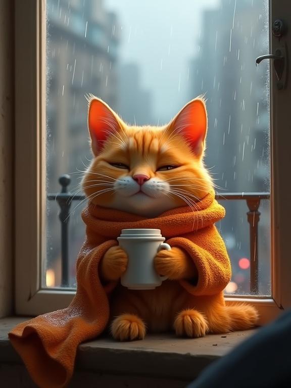 3D Pixar-style anthropomorphic orange cat wrapped in a blanket sitting on an apartment balcony. Rain is falling outside. Cat holds a coffee mug with a peaceful expression. Background shows a blurred rainy cityscape. The atmosphere is cinematic. The subject is centered in the image.