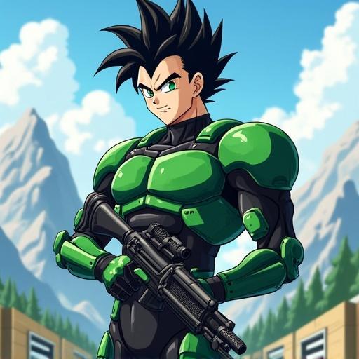 Anime character in futuristic soldier bodysuit. 19 years old, handsome with spiky black hair and cyber green eyes. Muscular build and 6 pack abs. Holding a machine gun. Set in a modern mountain paramilitary base. Bright summer morning setting.